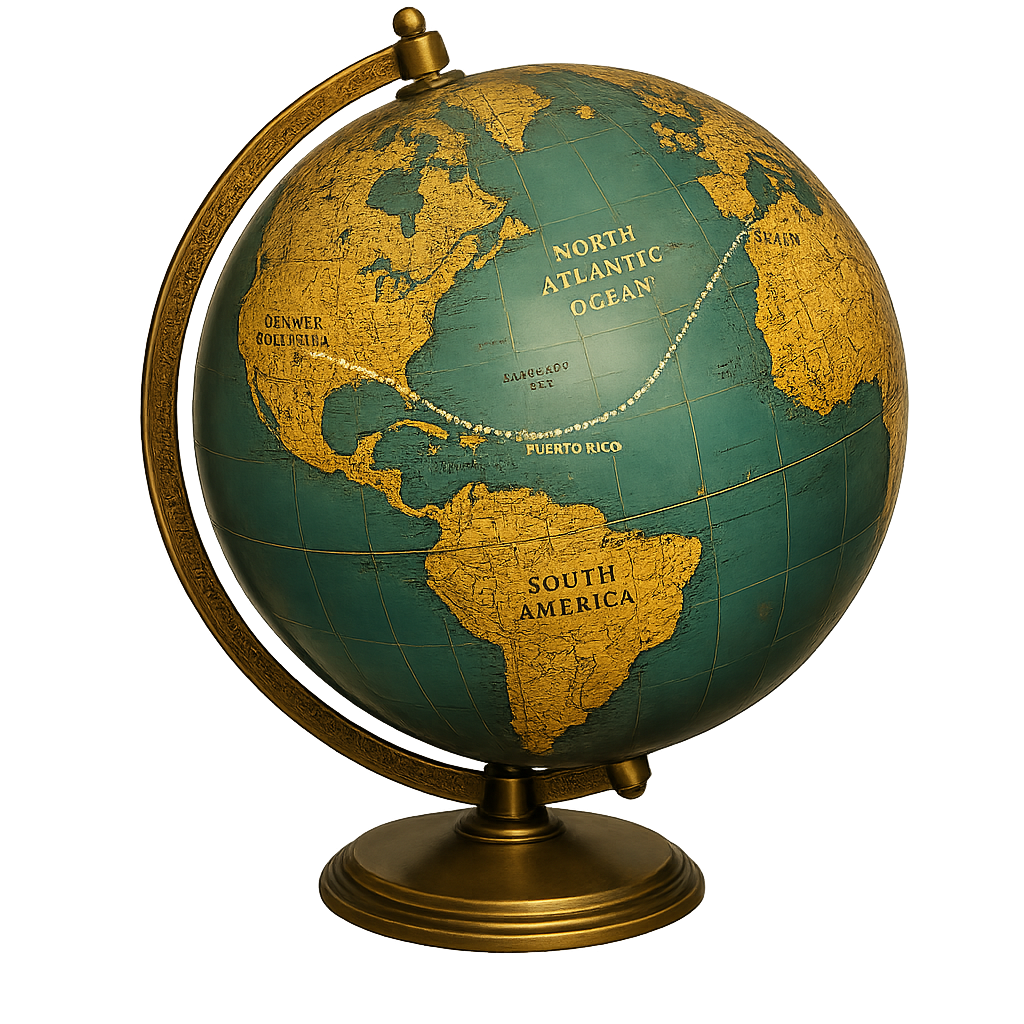 Vintage globe showing route from Denver to Puerto Rico to Spain